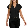 thumbnail image 3 of Lightweight Poplin Women's V-Neck Short Sleeve Button Down Blouse Shirt Top Tailored Fit Polished Casual Look Business Office Wear Summer Fashion | CSEONE,Black XL, 3 of 9