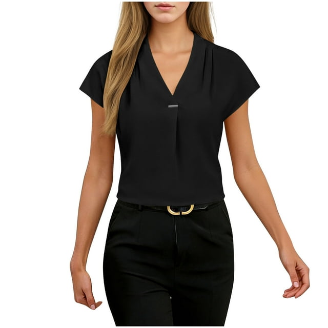 Ltctricy Blouses pour Femmes à Manches Courtes Style Cap, Col en V, Plissées, Tuniques de Bureau Décontractées, Hauts Habillés, T-Shirts, Chemises de Travail de Bureau