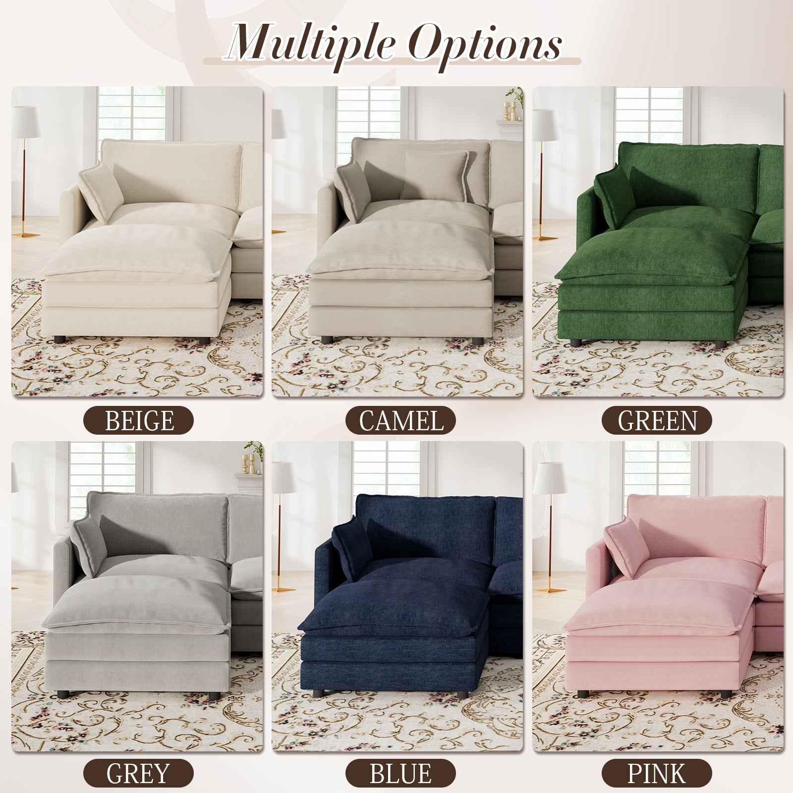 Muumblus Sectional Cloud Couch with Reversible Ottoman, L-Shaped Chenille Sofa for Living Room, Pink