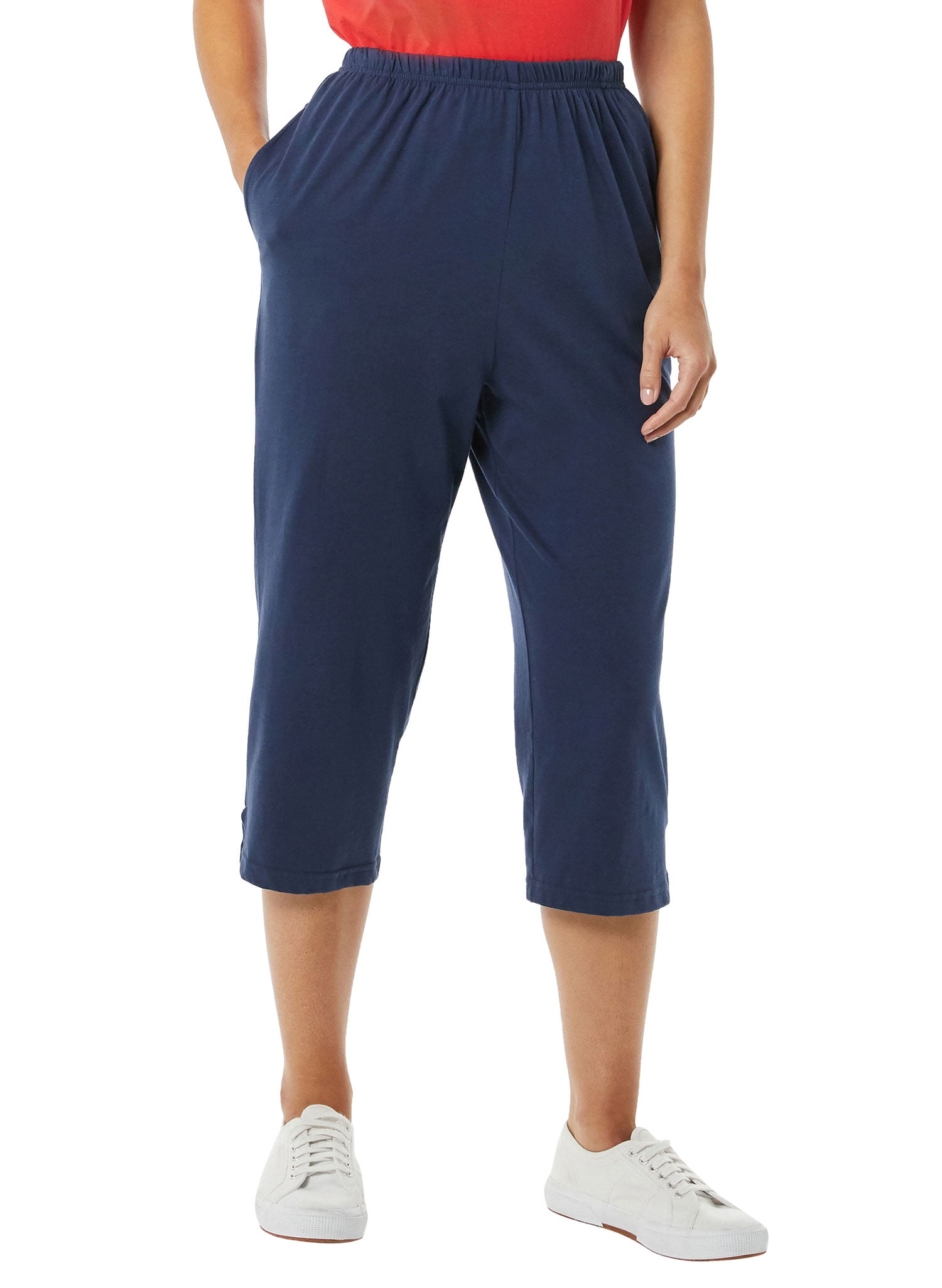 AmeriMark Capris Elastic Waist 100% Cotton Knit Pull On Comfort Fit Side Pockets 