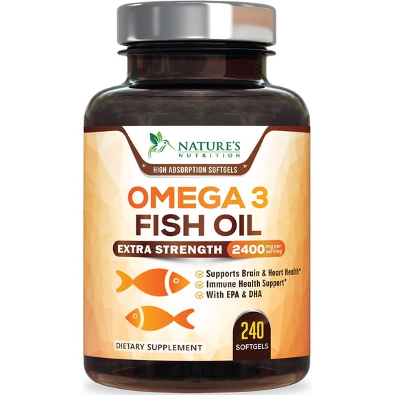 Omega 3 Fish Oil Supplements - 2400mg Fish Oil Per Serving - Triple Strength Omega-3 with EPA & DHA Fatty Acids - Natural Heart, Brain & Immune Support - Wild Caught, Bottled in USA - 240 Softgels