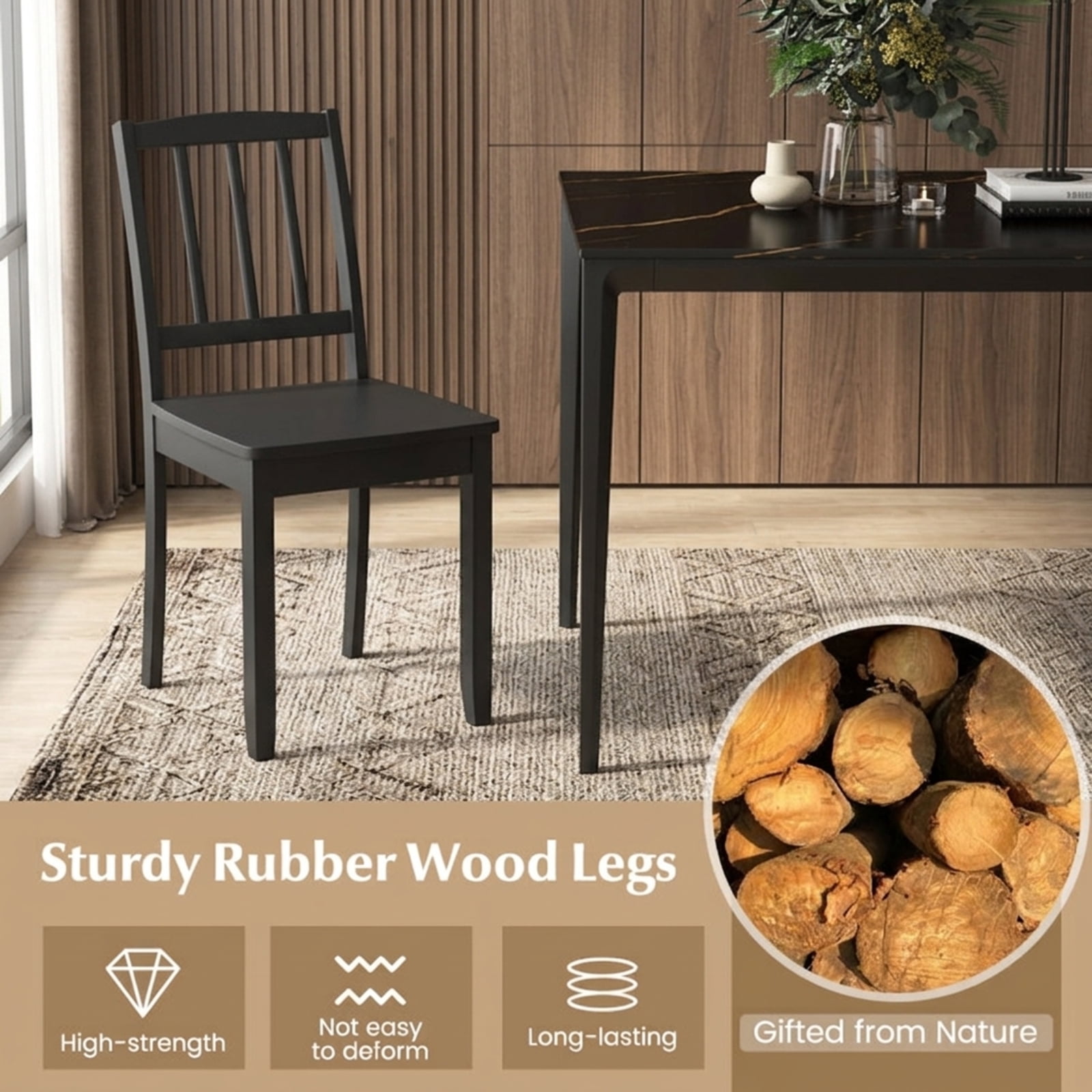Furnibear Wood Dining Chair Set of 2 with Rubber Wood Legs for Kitchen Dining Room Living Room Home, Black