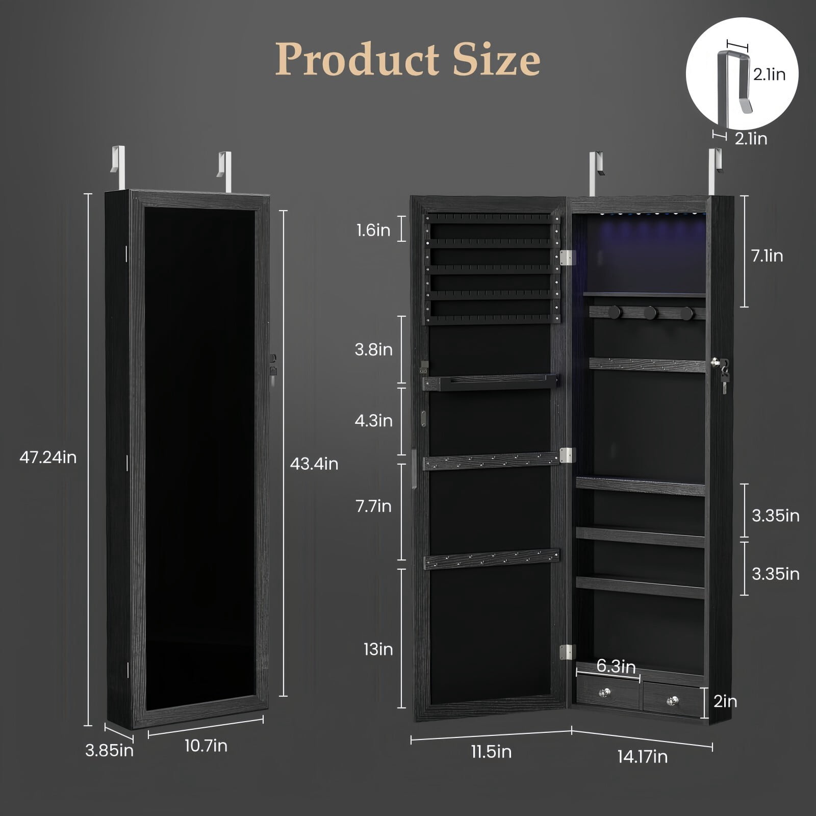 Kelno 47" Jewelry Armoire with HD Mirror LED Lights Wall/Door Mounted Jewelry Organizer Cabinet, Black