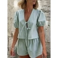 thumbnail image 3 of Gupgi Ensemble de Pyjama 2 Pcs à Rayures pour Femmes, Manches Courtes Bouffantes, Chemise à Nouer devant, Shorts à Taille Élastique, 3 of 6