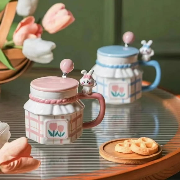 Wholesale 3D Rabbit Relief Mug With Spoon Cover Ceramics &amp; Pottery Coffee Cup Sets Ceramic Cups Thermo Coffee Cup to Carry Mugs