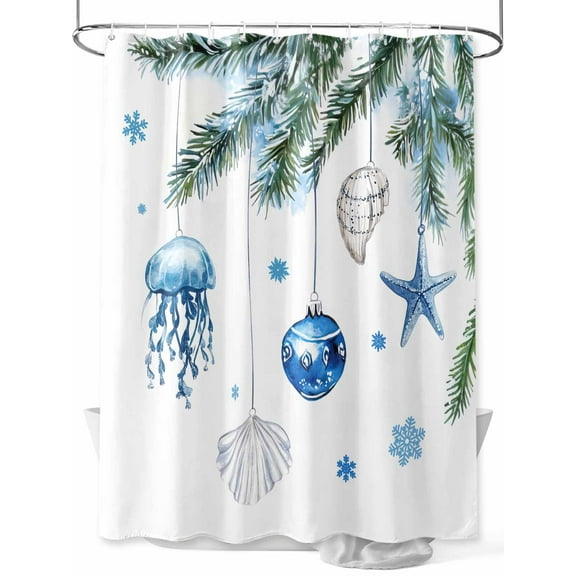 Blue Coastal Christmas Small Stall Shower Curtain, Waterproof Shower Curtains for Bathroom, Xmas Botanical Starfish Washable Fabric Cloth Bath Curtain for Bathtub Decoration with Hooks 36x72 Inches
