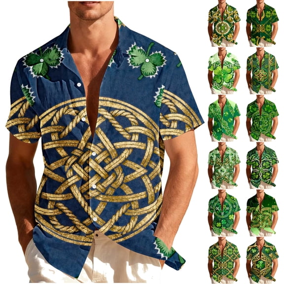 VBTAPA Mens St Patrick's Day Shirt Shamrock Irish Printed Button Down Short Sleeves Shirts Green Clover Hawaiian Shirt Gold M