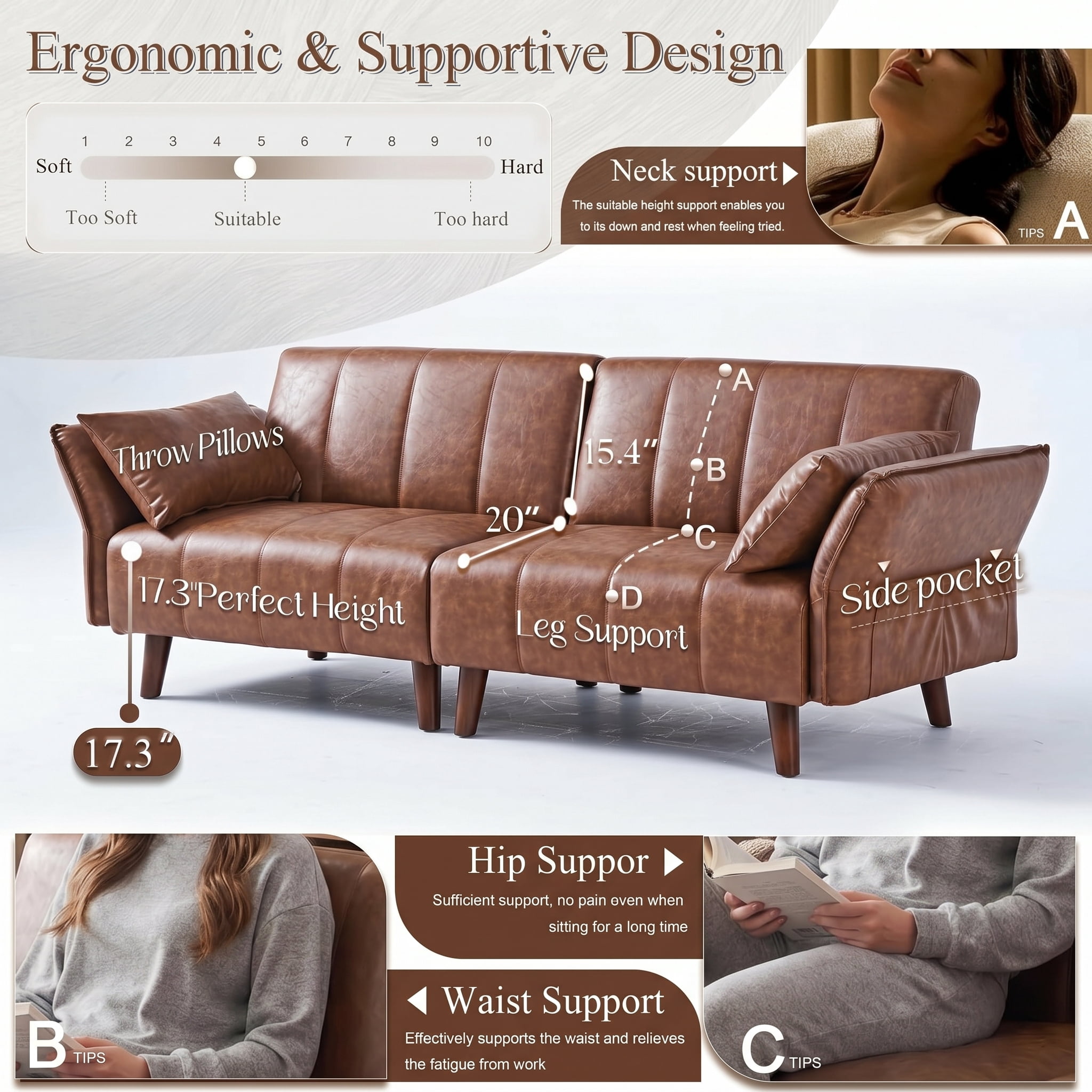 77" Faux Leather Sofa,Mid Century Modern Convertible Futon Sofa Bed Loveseat with Adjustable Armrest and Backrest,2 Pillows for Living Room,Office,Brown