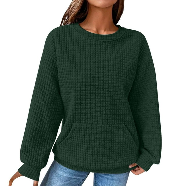 ManxiVoo Chandail en Molleton en Tricot Gaufré pour Femmes Col Rond Manches Longues avec Poche Détail Décontracté Taille m Vert