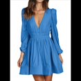 thumbnail image 1 of Vestido Mini de Larga con Escote en V Profundo para Mujer, Corte A, Cintura Alta, Informal, Fluido, Ideal para Invitadas A Cócteles y Bodas Azul M, 1 of 8
