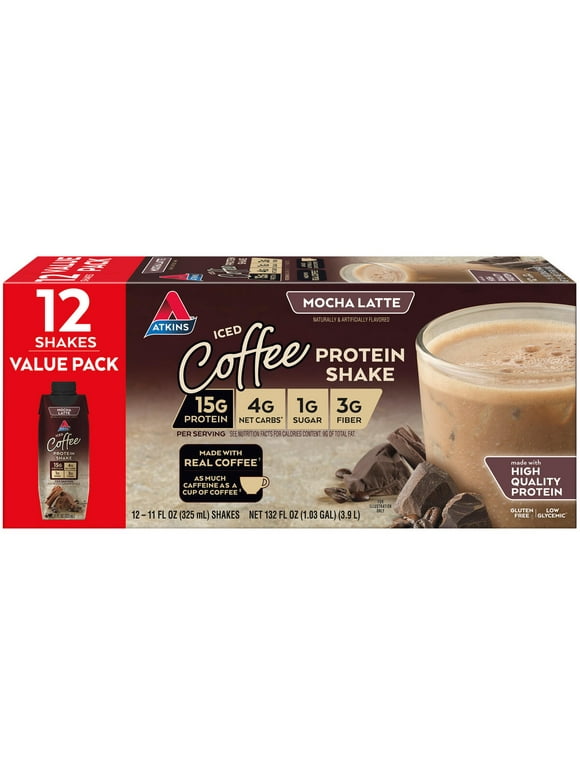 Atkins Mocha Latte Iced Coffee Protein Shake, Low Carb, Low Sugar, Keto Friendly, 12 Ct