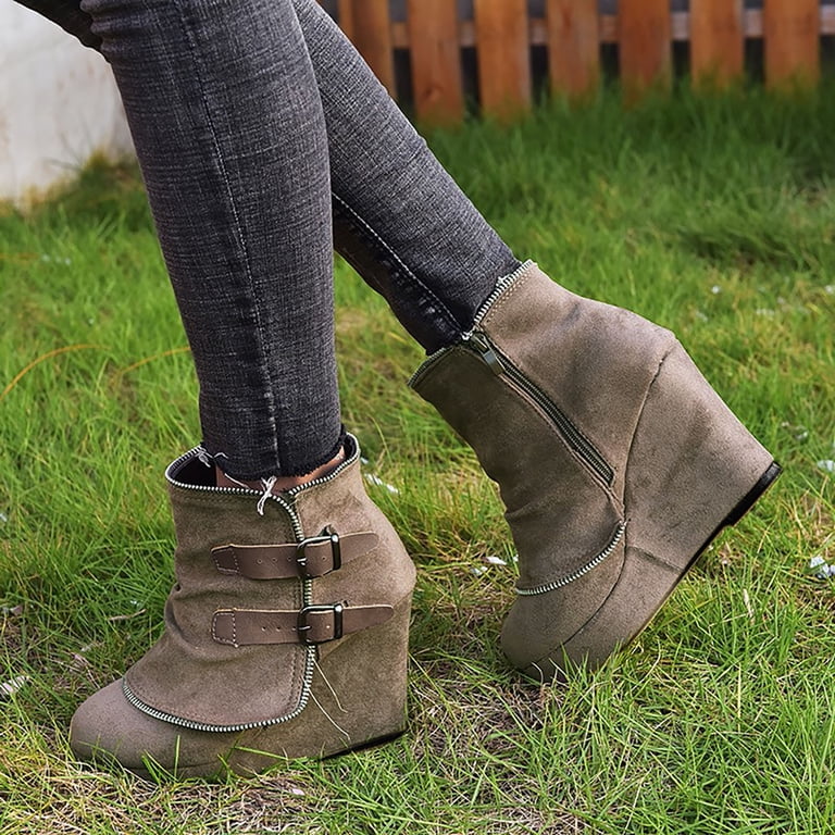 Chenyee Ankle Boots for Women Vintage Buckle Strap Suede Platform