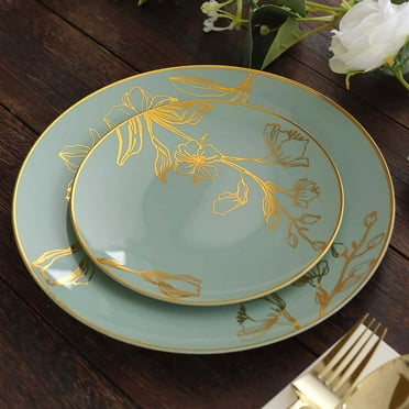 Efavormart Set of 20 Dusty Sage Green Plastic Party Plates With Metallic Gold Floral Design, Disposable Round Dinner and Dessert Plates - 10" / 7"