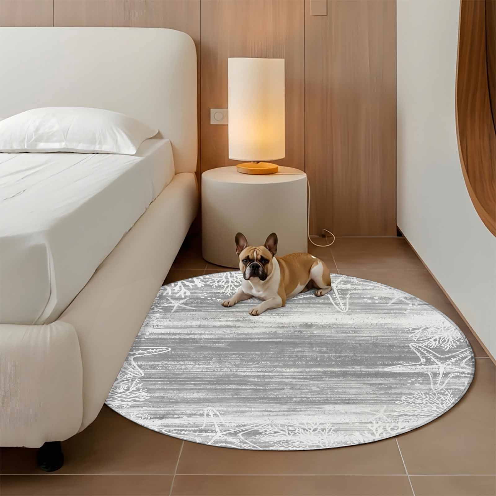 Grey Coastal Round Area Rug 3Ft Washable Small Circle Rugs for Kitchen Entryway, Summer Ocean Sea Ombre Starfish Corals Non-Slip Carpet Floor Mats Indoor Outdoor Carpet Runner Aesthetic Home Decor