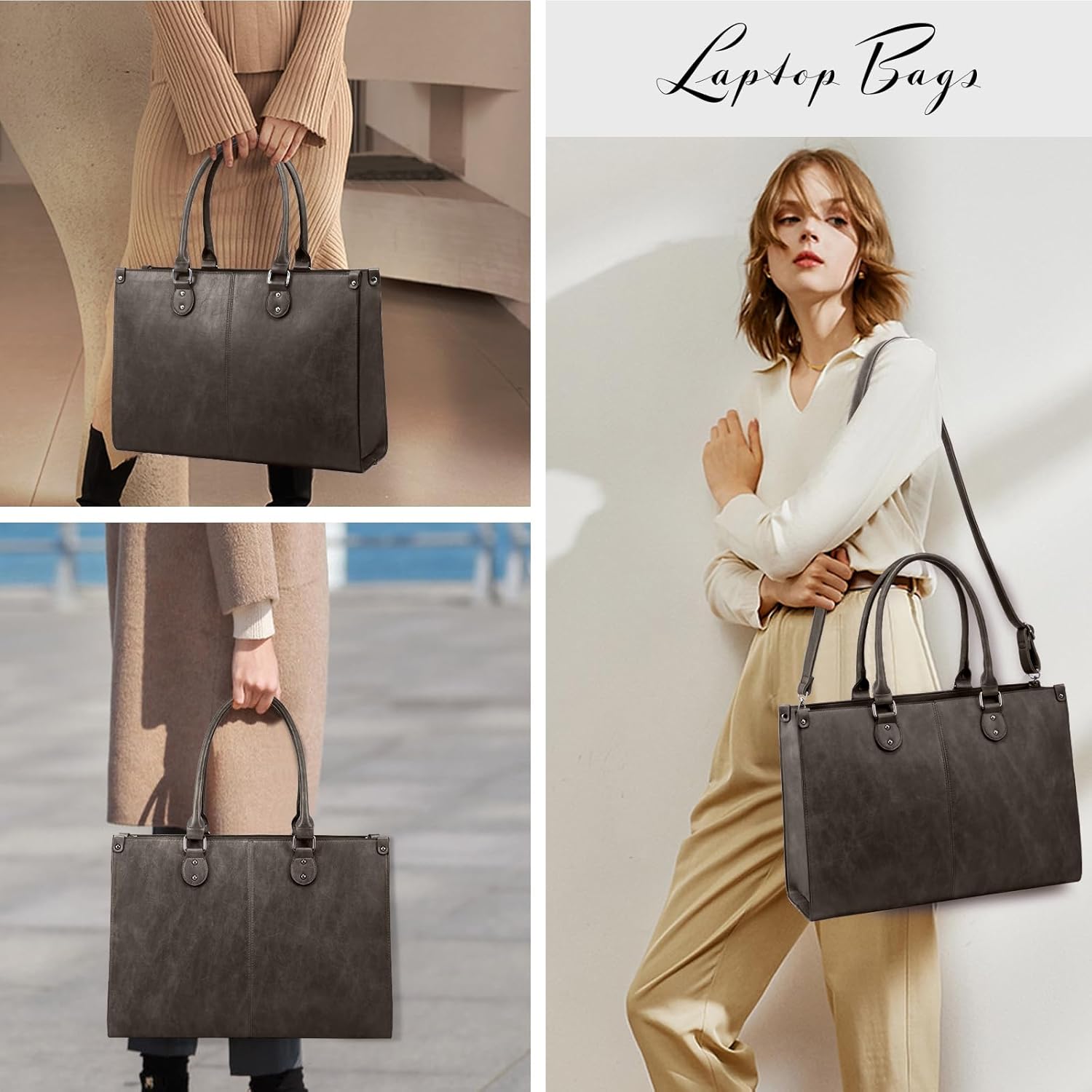 LOVEVOOK Laptop Tote Bag for Women, 15.6 Inch Large Capacity Vintage Leather Work Computer Bag, Business Casual Shoulder Handbag, Dark Brown