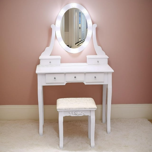 Girls Vanity Desk Set, Wood Makeup Dressing Table with Oval Mirror and Lights, Stool, 3 Colors Lighting Modes, Vanity Table with 5 Drawers, Makeup Vanity Set with Mirror and Stool for Girls