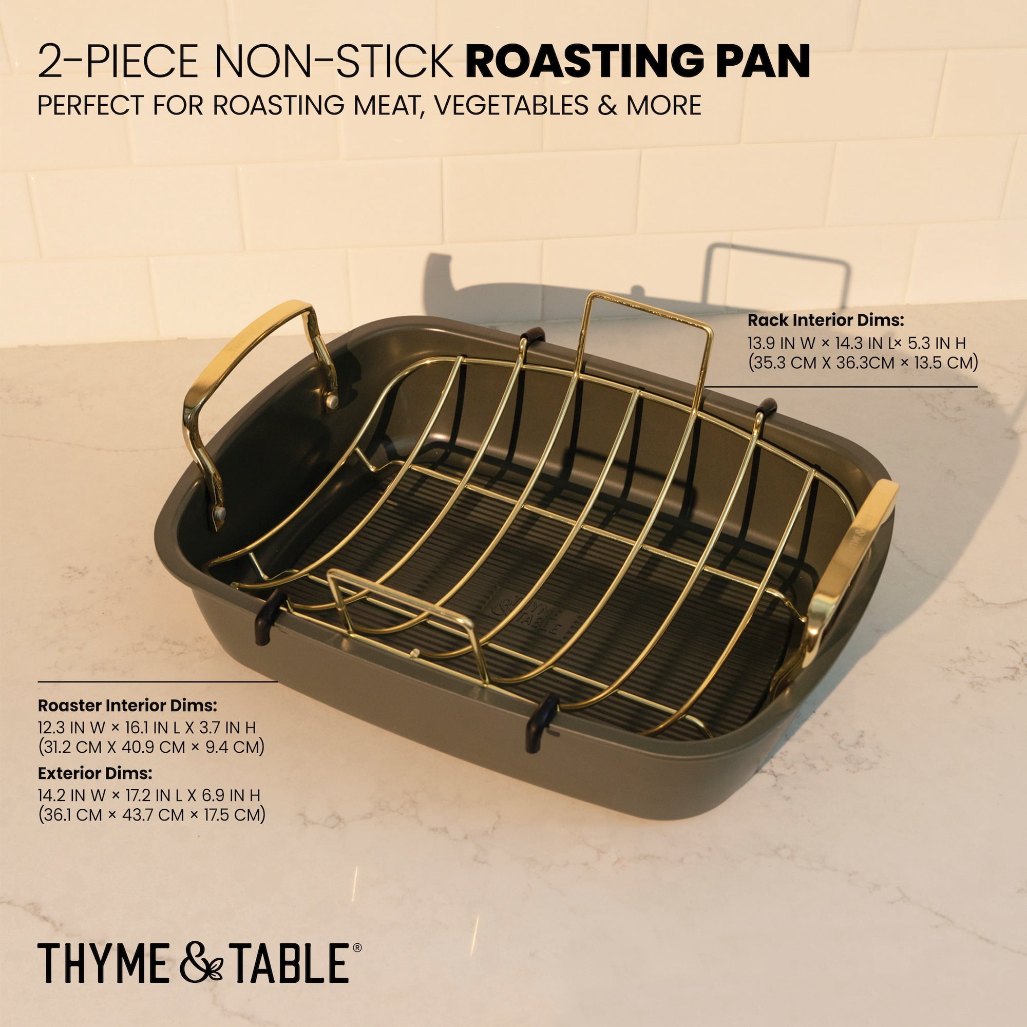 Thyme & Table Moss Green & Champagne 2-Piece Nonstick Roasting Pan and Rack Set