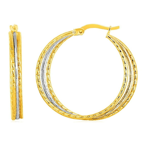 Three Part Textured Hoop Earrings in 14k Yellow and White Gold