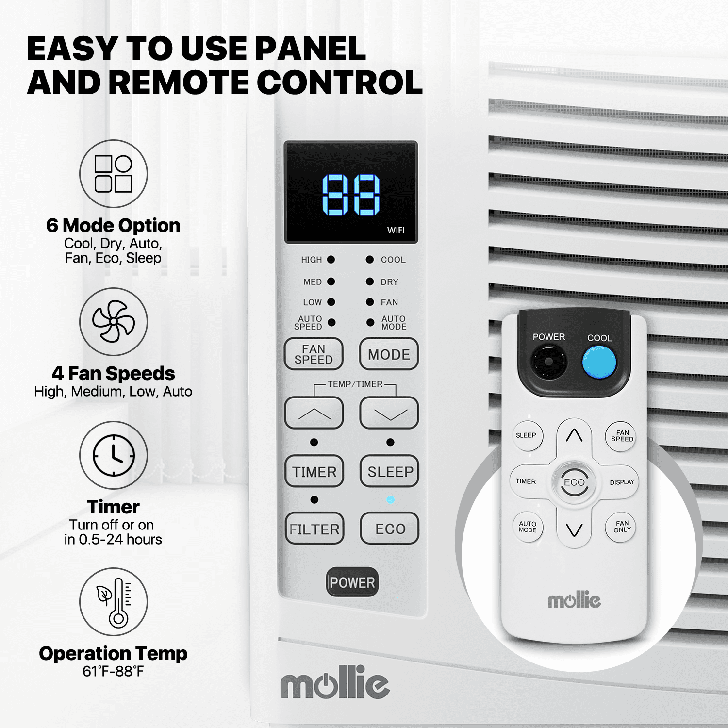 mollie 6,000 BTU Smart Window Air Conditioner with WiFi, Energy Saving AC Unit with Remote & App Control & Timer Function, Cools 151-250 Sq.Ft., White