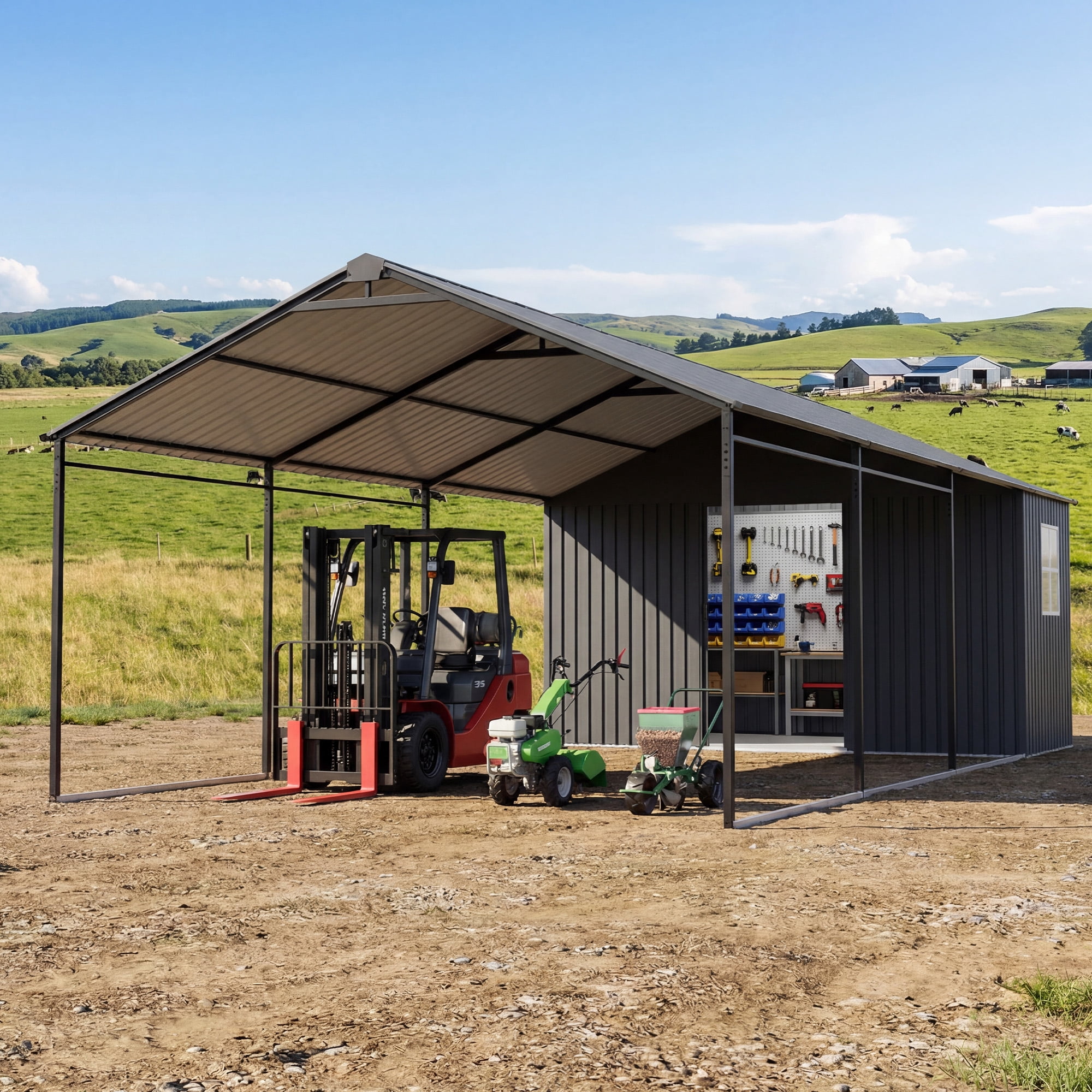 FOROUTIA 12x25ft Heavy-Duty Metal Carport with 12x5ft Storage Shed, Dark Gray All-Weather Garage Shelter for Car/Truck/Boat/Lawn Equipment, Outdoor Tool Storage & Patio Shelter