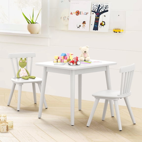 Curipeer Windsor Rubberwood Kids Table and 2 Chairs Set with Non-Slip Legs Round Edge Design for Play, White