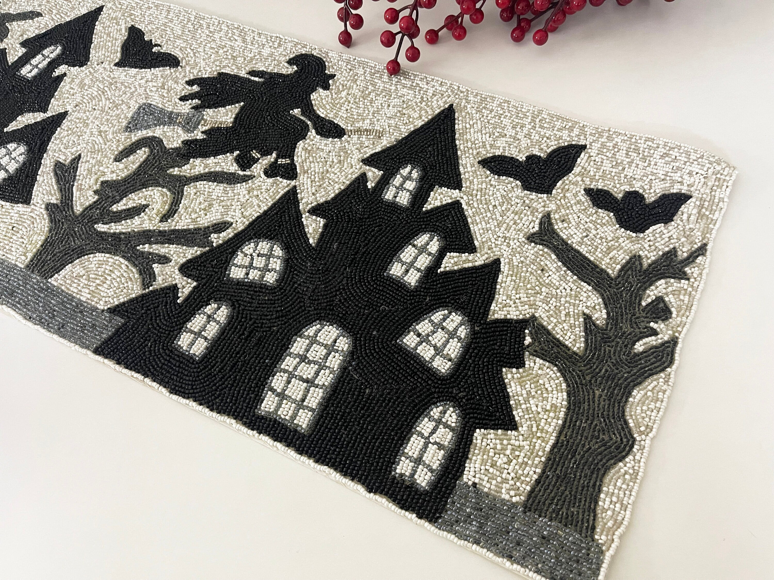 Handmade bead table runner, Halloween night, fall runner
