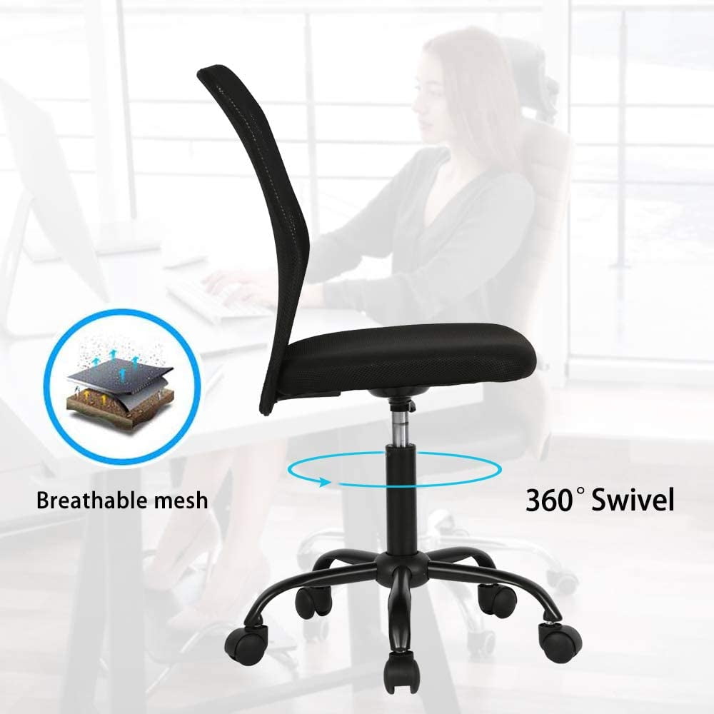 Armless Office Chair Mesh Desk Chair Adjustable Mesh Computer Chair No Arms Task Rolling Chair with Quiet 360°Swivel Wheels for adults, Black