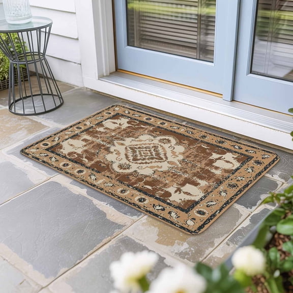 Brown Boho Door Mat Indoor Outdoor, Retro Western Rustic Ethnic Tribal Patterns Non Slip Welcome Mat with Rubber Backing, Absorbent Fabric Front Door Mats Entryway Rug for Home Patio Entrance 16"x24"