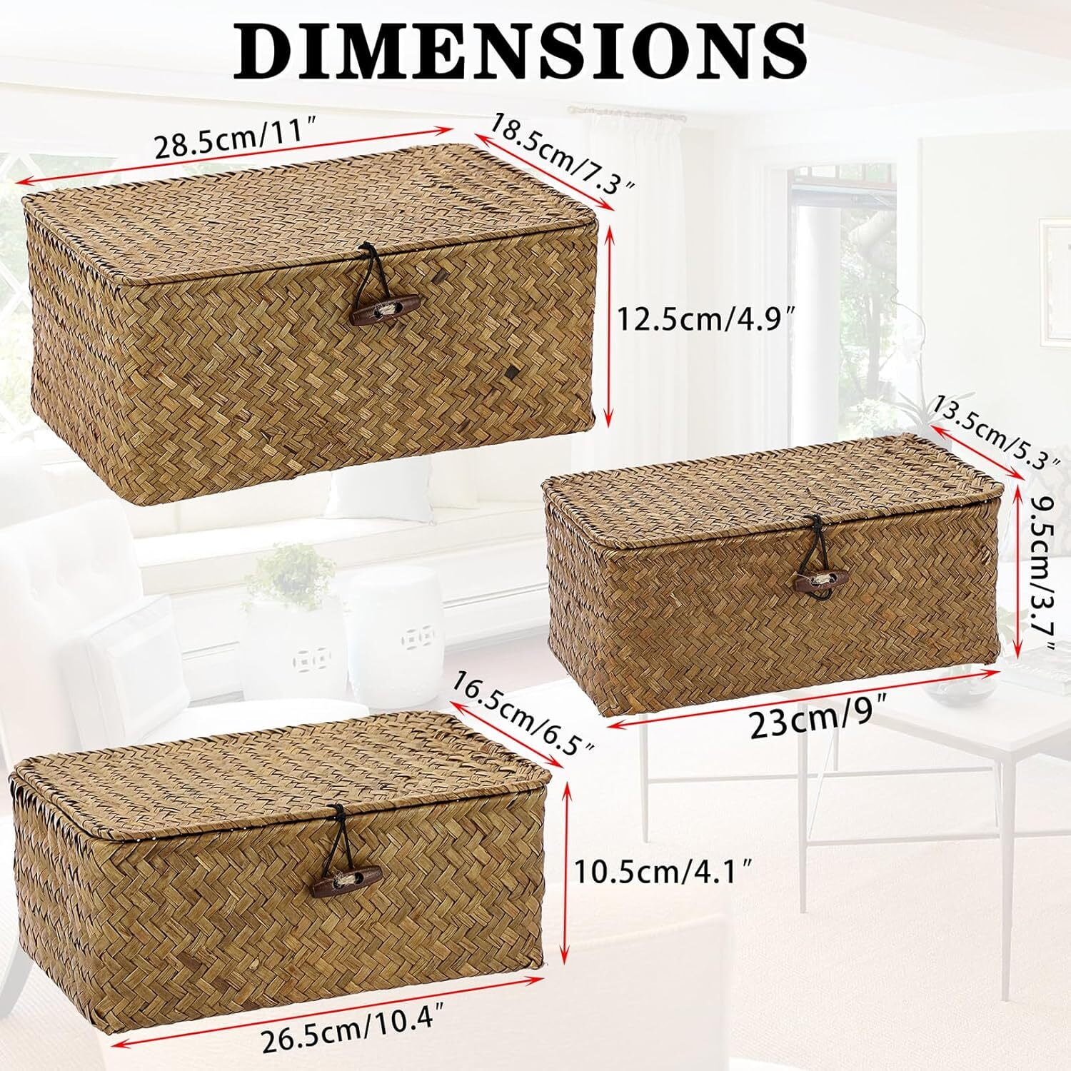 3 Pack Wicker Baskets with Lids, Nautral Seagrass Storage Baskets, Woven Rectangular Basket Bins, Rattan Storage Organizer for Shelf
