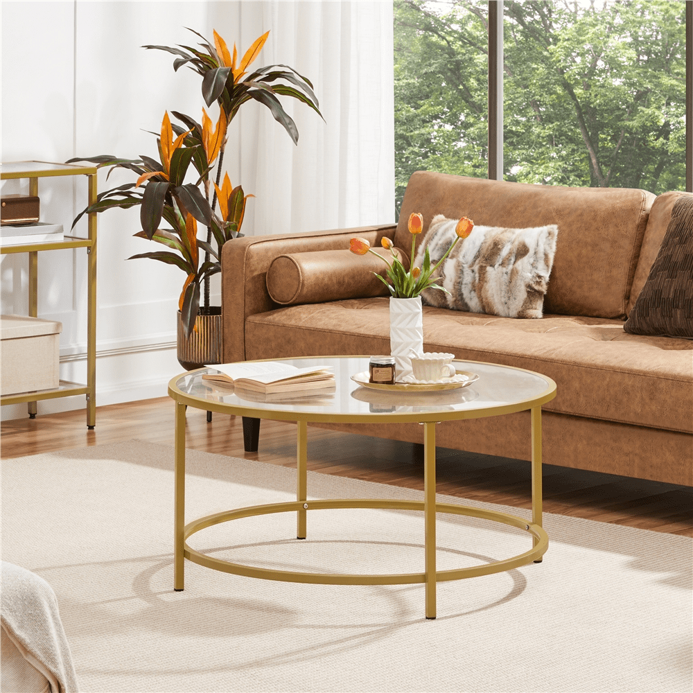 Renwick 3 Piece Modern Glass Top Coffee Table Set with Metal Legs, Antique Gold