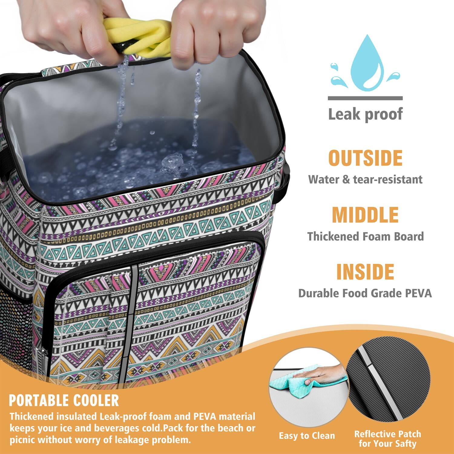 Travel Cooler Bag - Boho Bohemia Pioneer Flower Geometric Line Art Camping Beer Cooler Backpack with Bottle Opener- Waterproof Insulated Picnic Backpacks - Cooler Bag for Beach