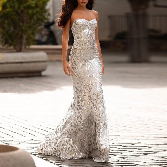 Vedolay Evening Dresses For Women Elegant Women's Formal Dresses Short Sleeve V-Neck Dress with Pockets,Silver XL