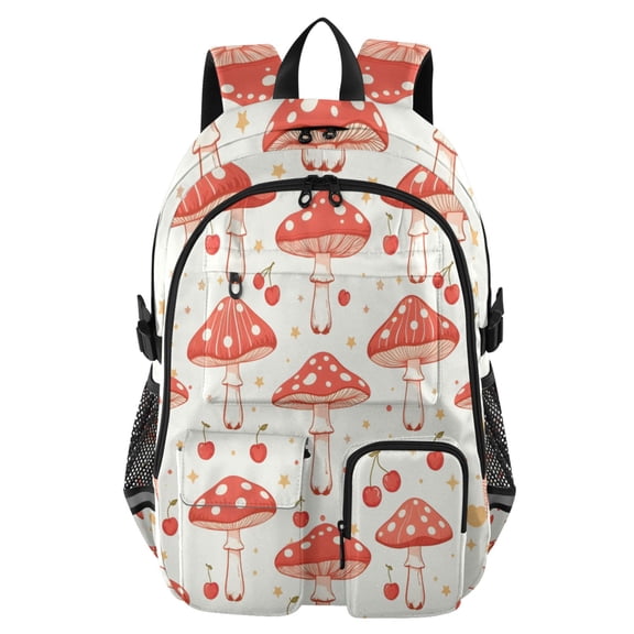DIXRUYEE Red Mushroom Five-pointed Star Cherry Pattern Backpack for School 14”Laptop Compatible with Reflective Safety Strips