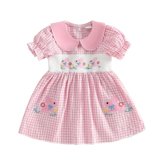 DHFJKG Girls Easter Dress Peter Pan Collar Cute Bunny Embroidery Casual Puff Short Sleeve Mini Dress For Baby Toddler 6M-4Y Stylish Dresses