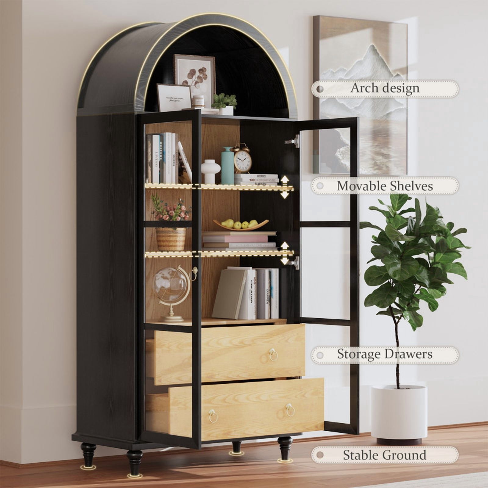 Lacoo 71'' Tall Arched Pantry Storage Cabinet with 2 Large Drawers & 3 Shelves, Display Cabinet with Glass Door for Kitchen Dining Room Living Room, Black