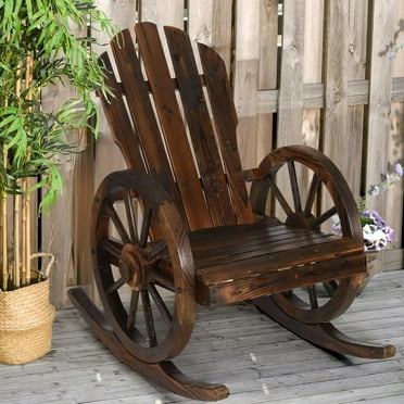 HOMEDIARY Outdoor Wood Wagon Rocking Chair,Adirondack Rocker Chair w/Slatted Design and Oversized Back, Carbonized Patio Lounge Chairs Rustic Rocker with Wheel Armrest for Garden Patio Backyard Porch