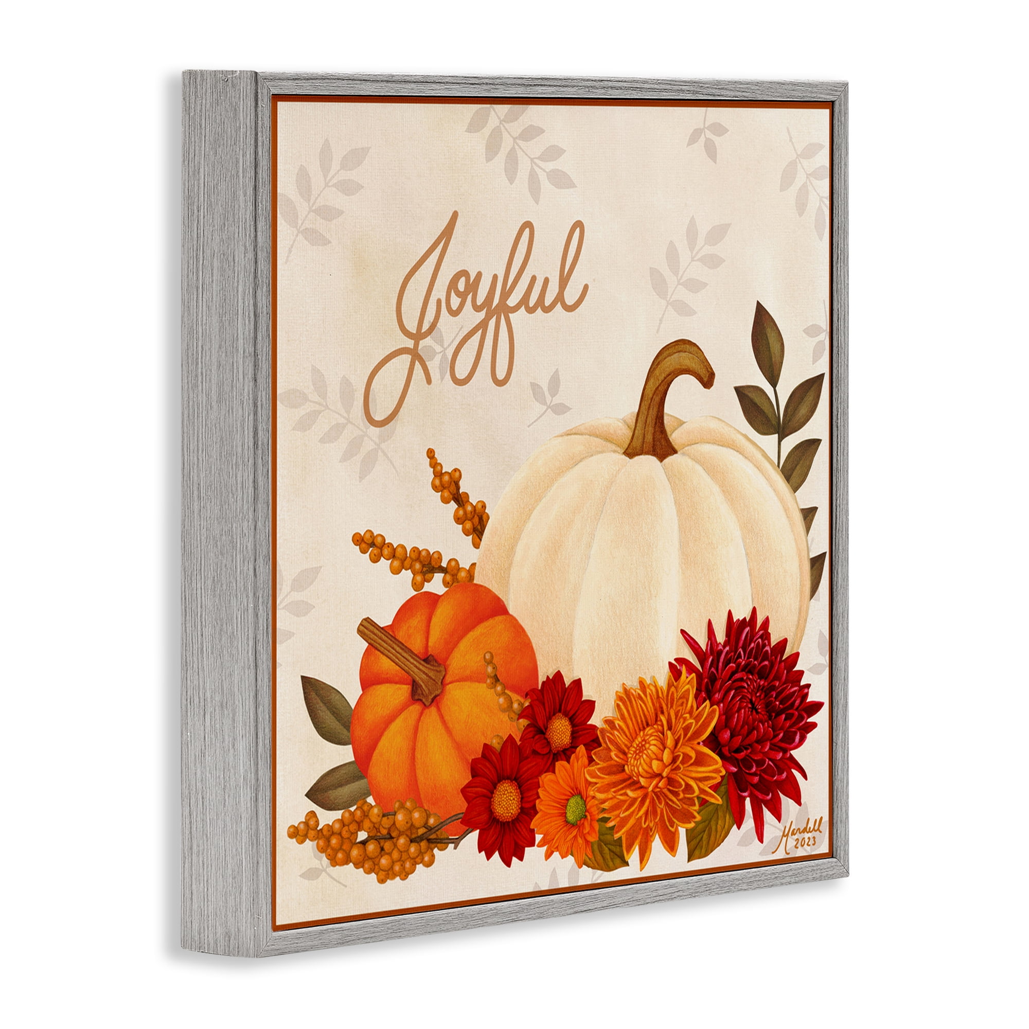 Stupell Industries Joyful Floral Pumpkins Holiday Painting Gray Framed Art Prints Wall Art, 17 x 17