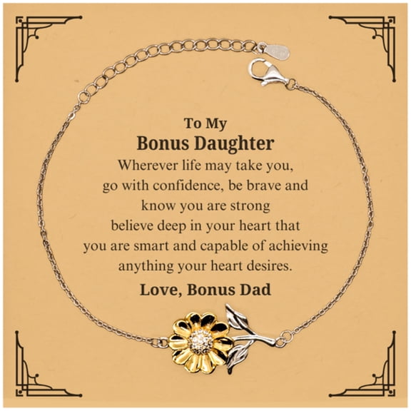 To My Bonus Daughter Sunflower Bracelet Gift for Her Confidence and Strength, Inspirational Graduation Jewelry for Bonus Daughter, Bonus Dad Love and Support Included