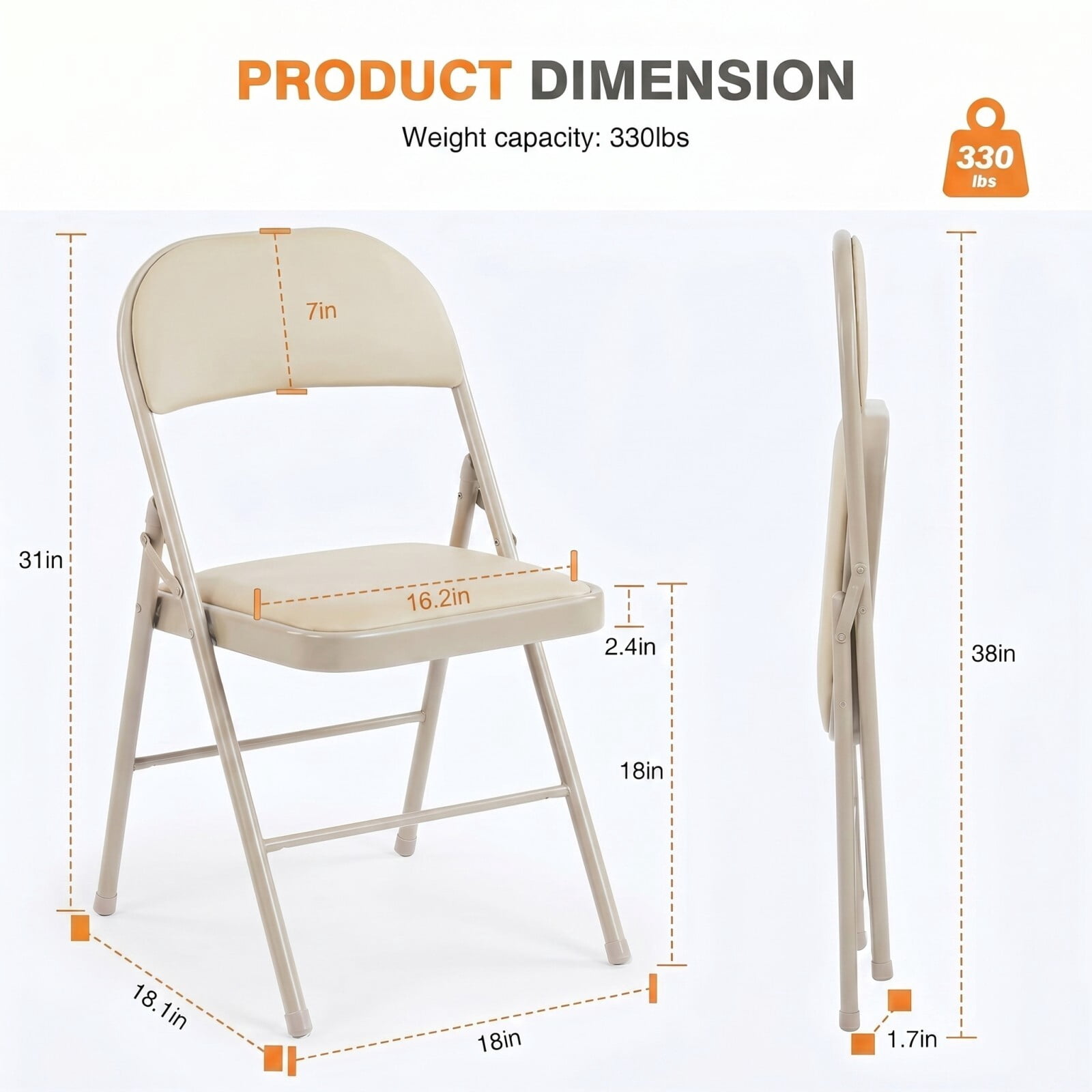 Kelno Folding Chair Set of 4 PU Leather Padded Guest Chairs with Lightweight Sturdy Metal Frame, Khaki