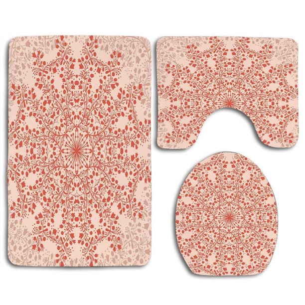 ABPHQTO Mandala roja Prado rural Flores silvestres Ramitas y flores Ramo redondo Ramillete Juego de alfombras de baño de 3 piezas Alfombra de baño Alfombra de contorno y tapa de inodoro