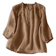 thumbnail image 2 of Ayolanni 3/4 Sleeve Womens Blouses V-Neck Embroidered Cotton Linen Solid Blouse Puff Button Down Ruffled Fitted T-Shirt Womens Tees Yellow XL, 2 of 5