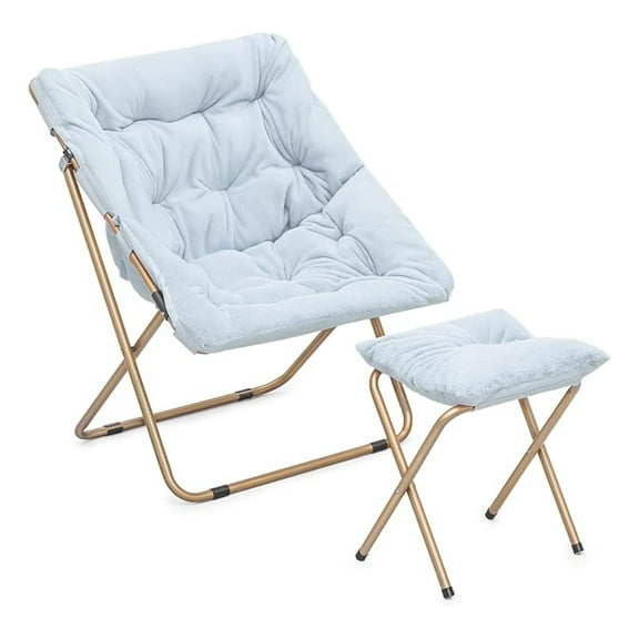 HHBEAUTY Folding Saucer Chair for Adults Comfy Lounge Reading Seat Accent Chair Faux Fur Lazy Seating with Thick Padded Metal Frame for Bedroom Living Room Small Space (Grey)