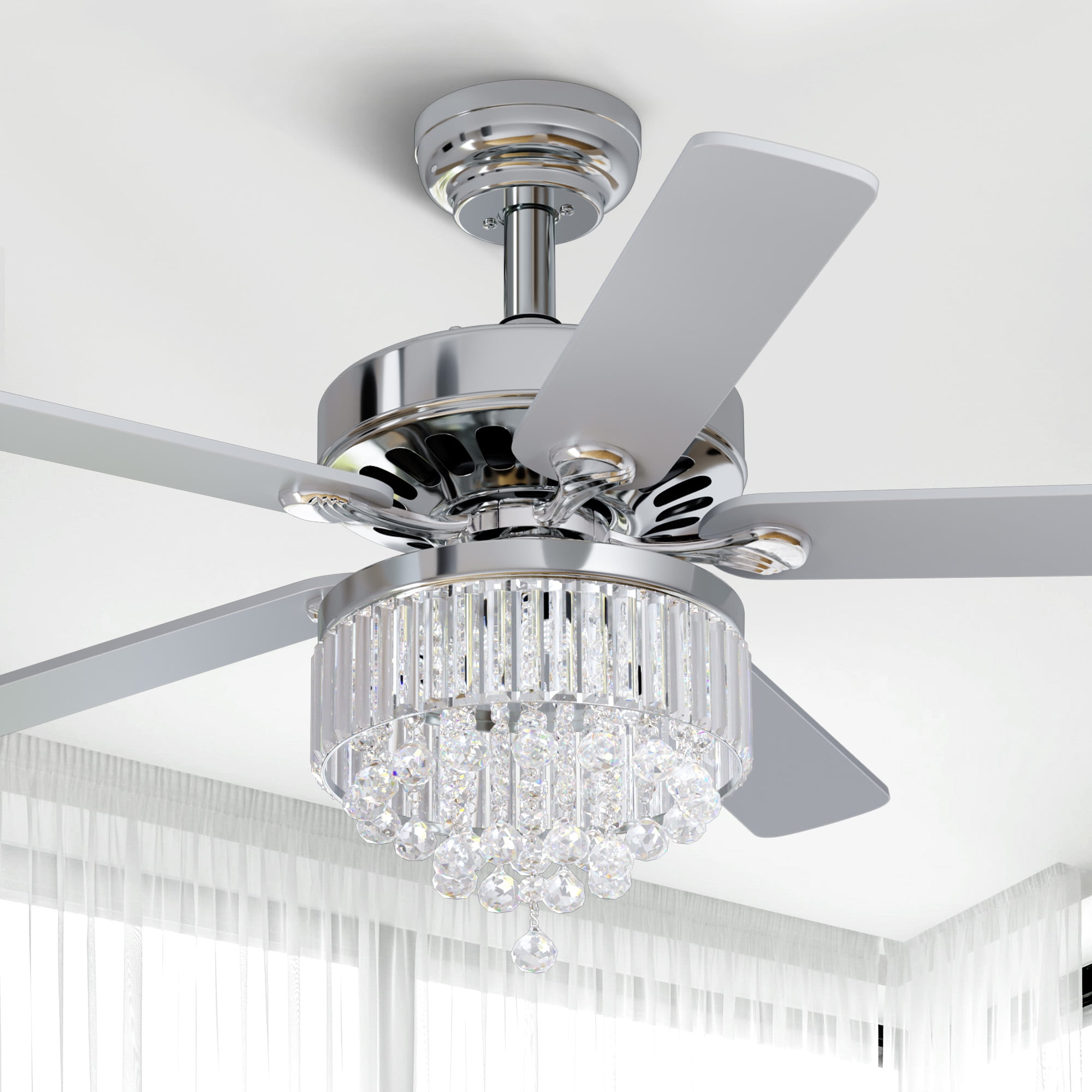 Dextrus 52'' Chandelier Ceiling Fan with Remote, Crystal Fan Light, Indoor Fan Ceiling with 3 Speed, Silent Reversible Motor, Dual-Sided Blades, Chrome