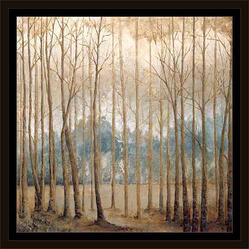 Neutral Birch Tree Forest Landscape Painting Tan & Blue, Framed Canvas