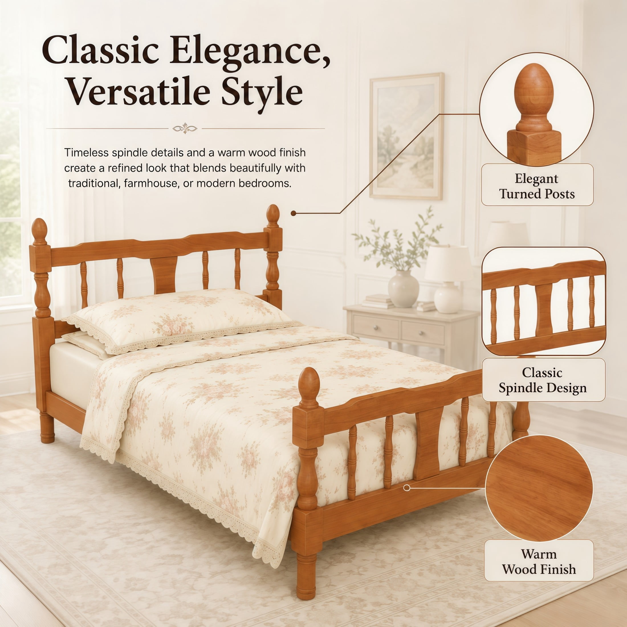 GDF Studio Betty Twin Size Wooden Platform Bed Frame with Spindle Headboard, Traditional Farmhouse Style, Walnut