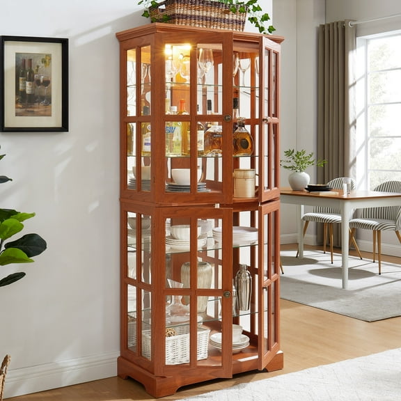 68.7"H Curio Display Cabinet with Lights, Lattice Glass Doors, and Adjustable Shelf