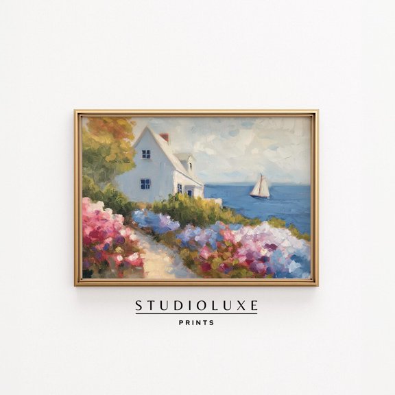 Coastal Cottage Wall Art Sailboat View With Summer Flowers Impressionist Digital Painting For Nautical Or Lake House Decor Wall Art Home Decor Office Wall Art