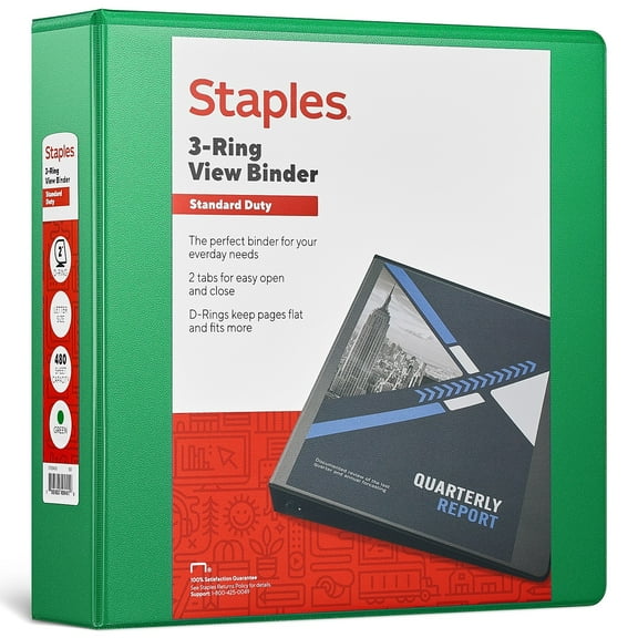 Staples 2" 3-Ring View Binder D-Ring Green (ST55433)