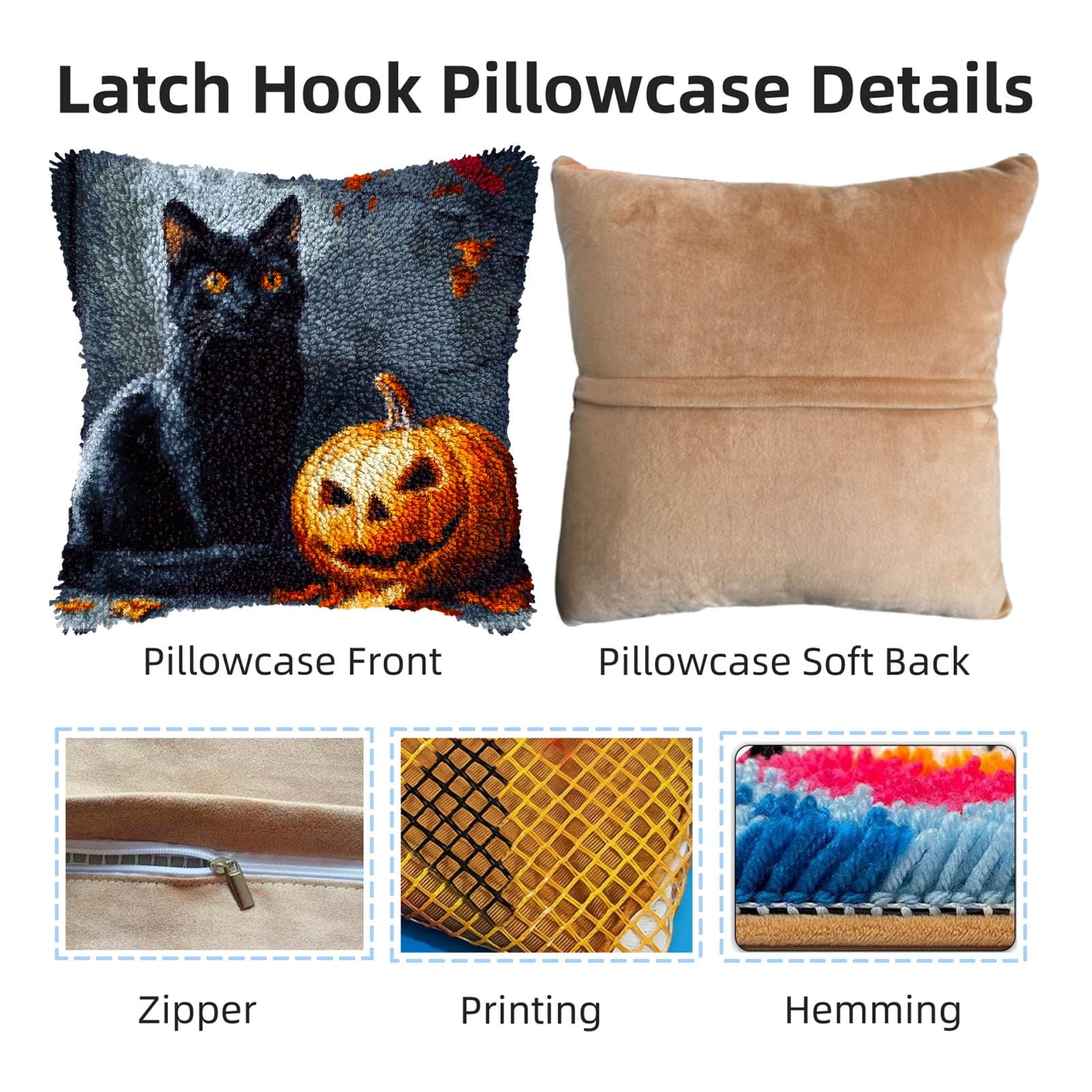 DIY Latch Hook Pillow Kits Halloween Cat and Pumpkin Printed Pillowcase Crochet Yarns Hooking Handmade Pillow Cover Cushion for Home Sofa Decoration 17x17inch-1