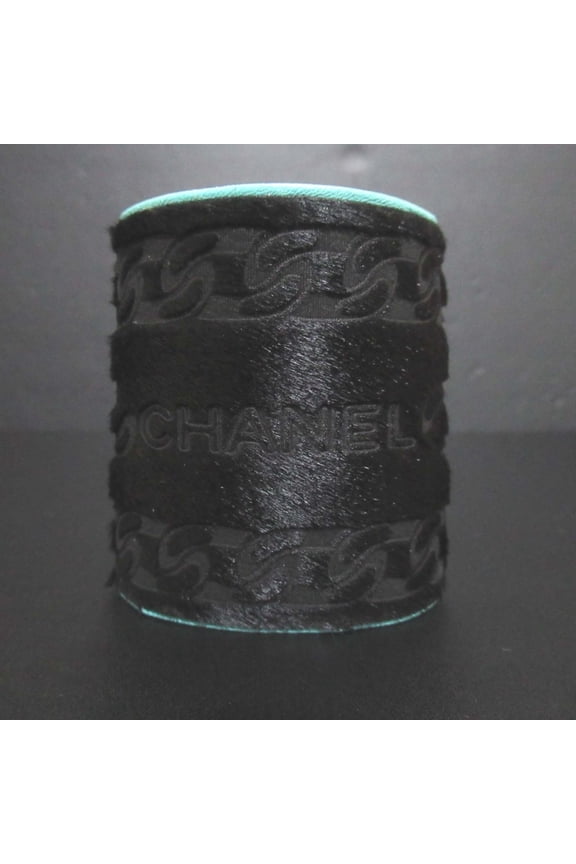 Pre-Owned 01A CHANEL Harako Leather Wide Bangle Bracelet, Black x Blue, Women's
